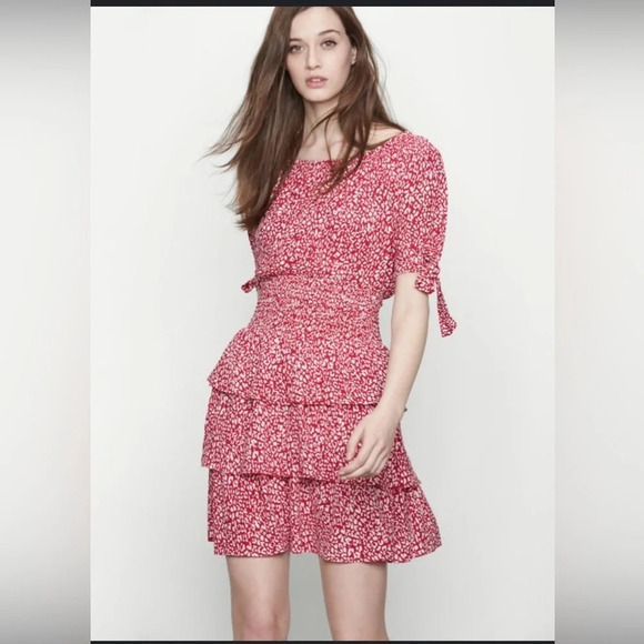 Maje Rafia Leopard Print Smocked Crepe Mini Dress - Picture 1 of 7